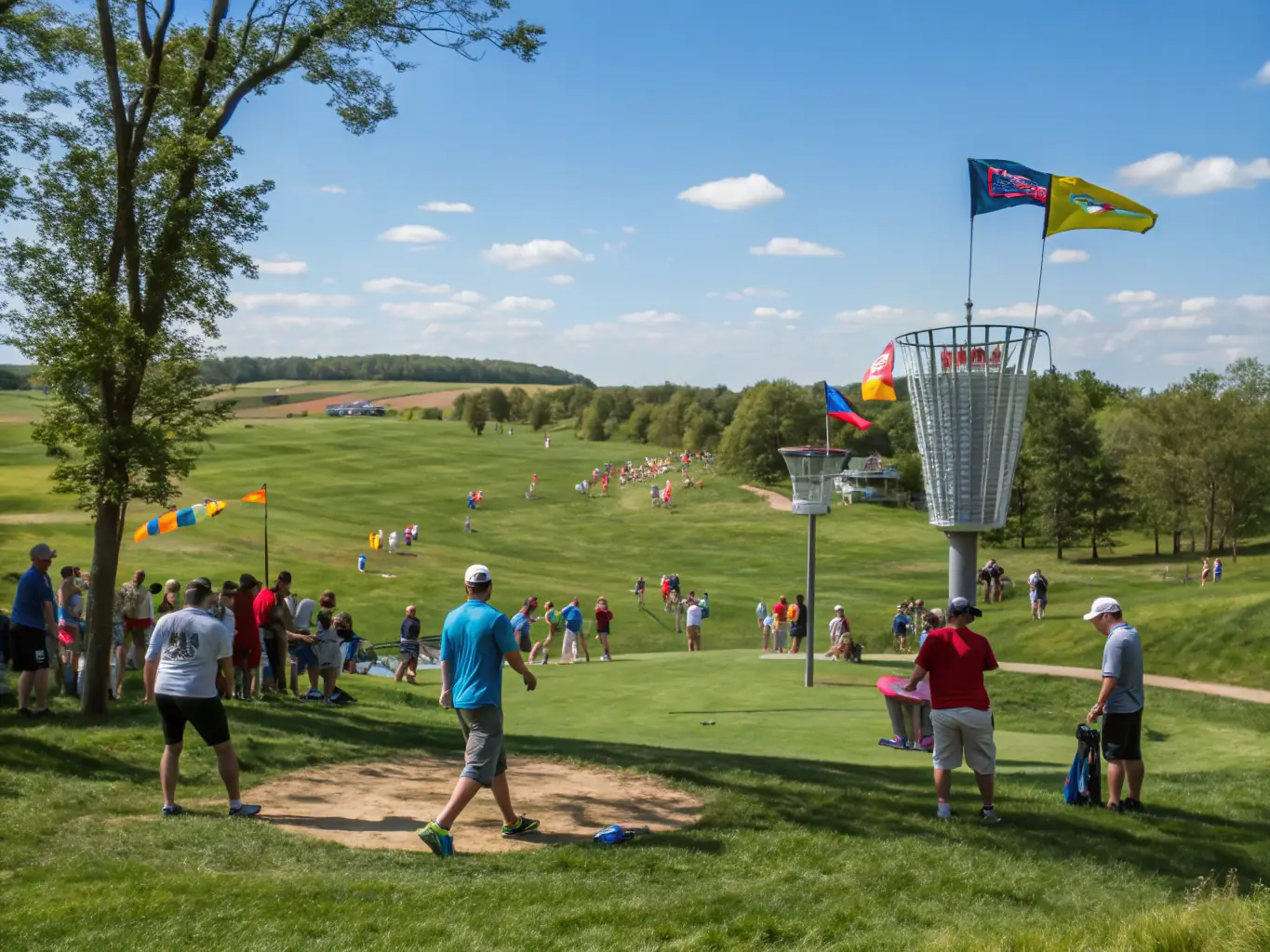 Participants actively engaged in a disc golf workshop, learning about different disc types, flight characteristics, and course management strategies.